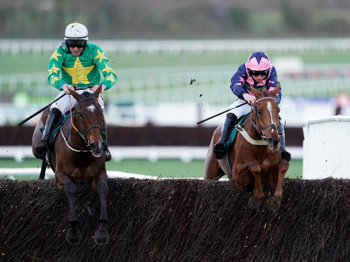 Horses jumping fence
